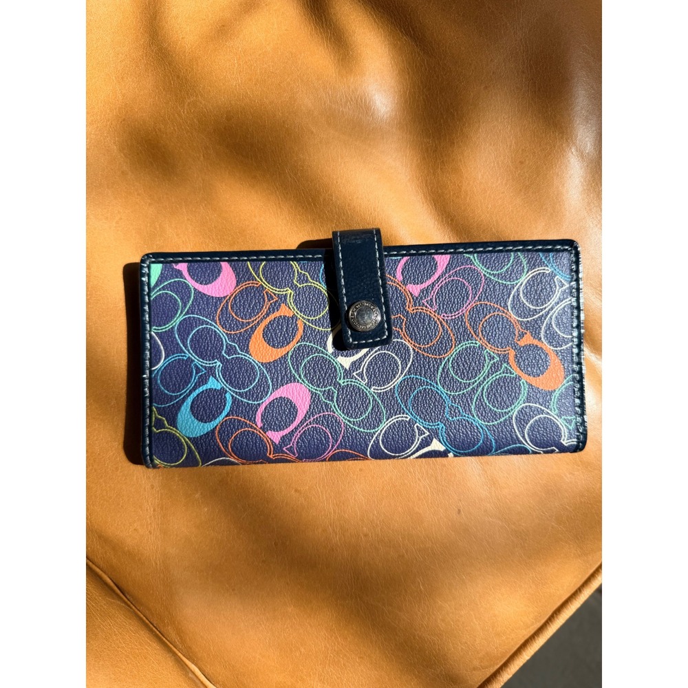 Coach Multicolor Signature C Logo Slim Envelope Wallet Navy Blue Leather Snap
